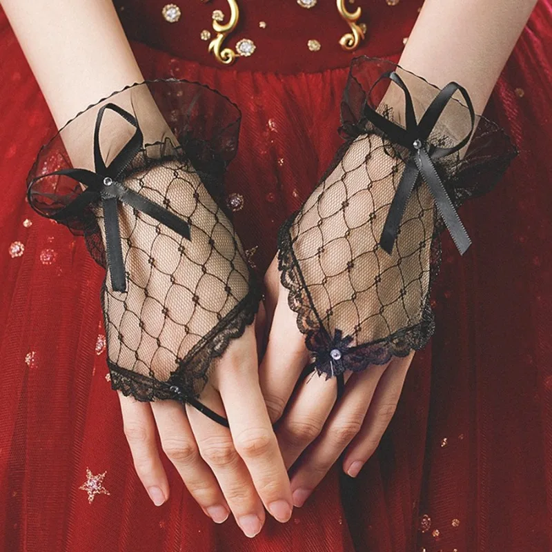 Bowknot Black Lace Hand Gloves Women Sexy Fishnet Thin White Lolita Hot Girl Mesh Fingerless Gloves Wedding Bridal Wrist Sleeves