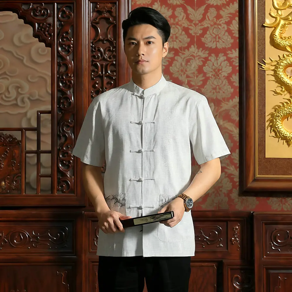 

Zen-Inspired Men Linen Tangzhuang Shirt Mandarin Collar Shirt with Bamboo Embroidery Top Eco-Friendly Summer Essential Tunic Man