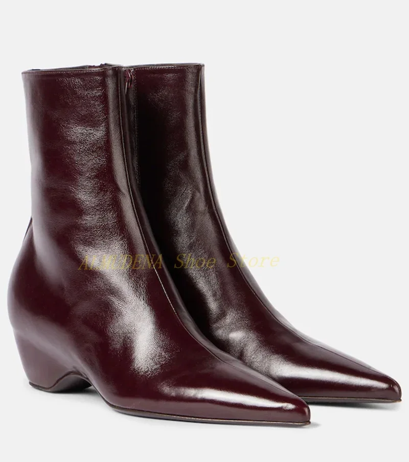 Burgundy Leather Spike Heel Ankle Booties Pointy Toe Slip On 2026 Trending Boots Solid Handmade Runway Winter Autumn Women Shoes