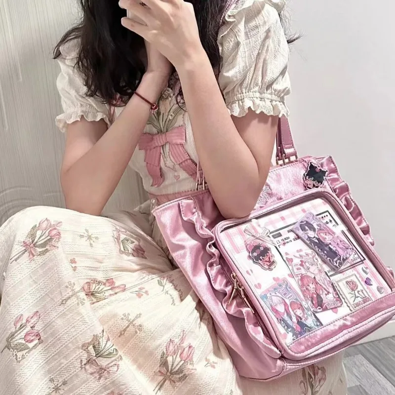 HAEX Lolita Women Ita Bags Aesthetic DIY Anime Badge Underarm Shoulder Bags Fashion Sweetly Nylon Ruffled Tote Bolso Mujer