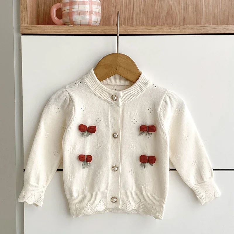 

2025 Baby Girls Knitted Cardigan Autumn Toddlers Sweater Coats Crochet Ruffles Korean Style Baby Kids Girls Cotton Sweaters
