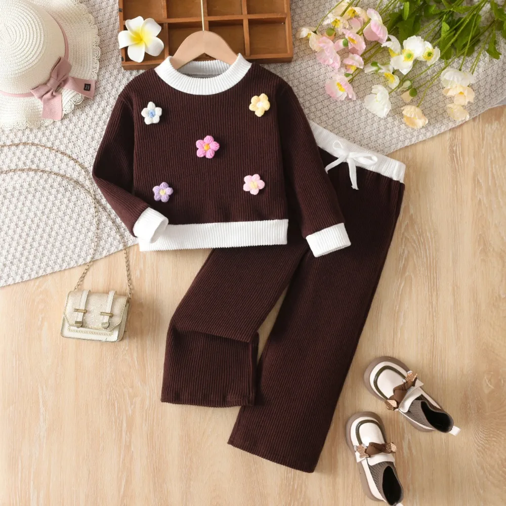 Fall Winter Stylish Girls Two Piece Set Dark Brown Knitwear White Neckline + Trousers Toddler Daily Wear 2-11Y