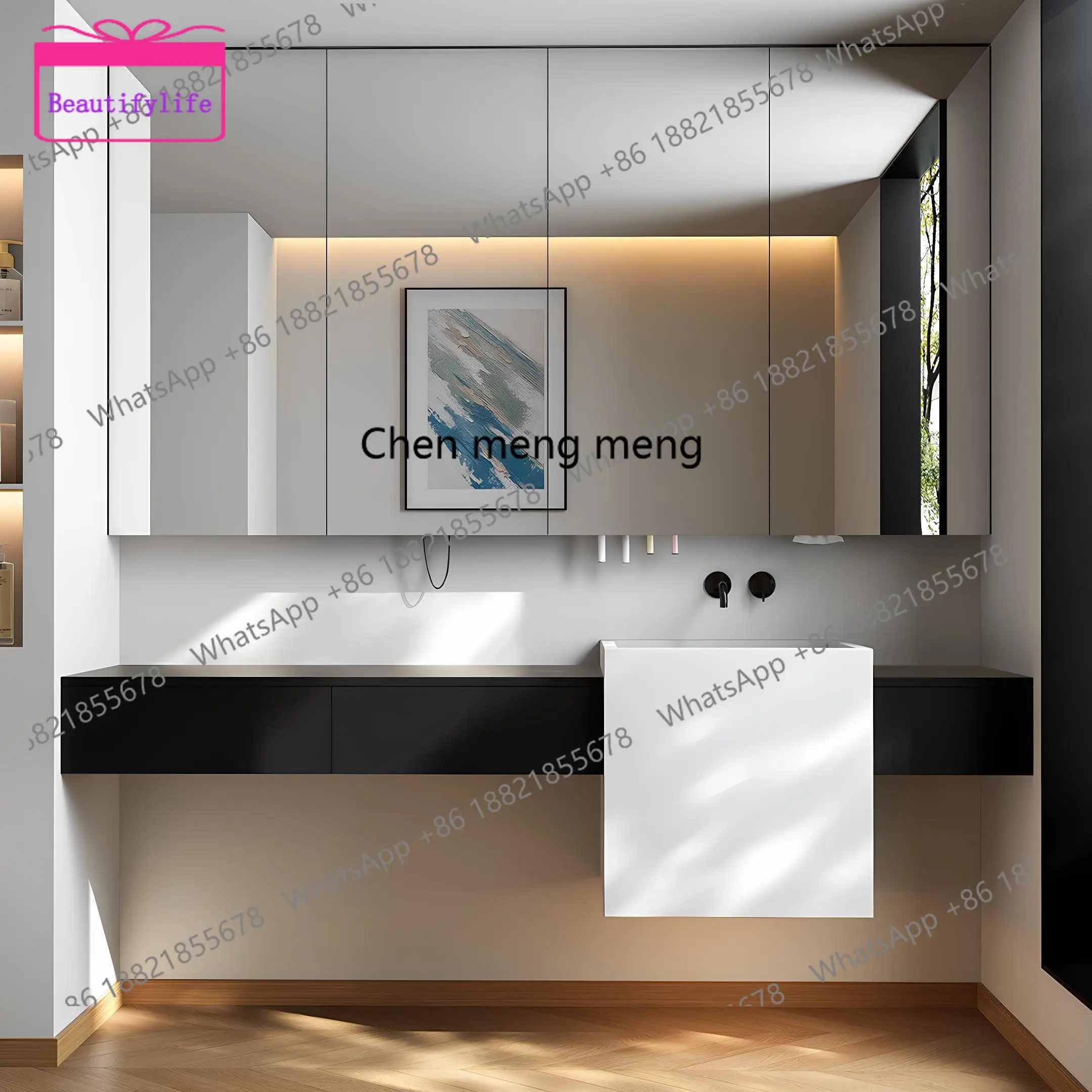 

YL New slate integrated pedestal basin minimalist style rubber wood top plus height mirror cabinet combination