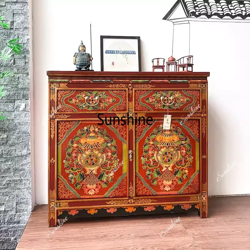Rural retro classic old porch cabinet new Chinese solid wood painted two-door shoe cabinet