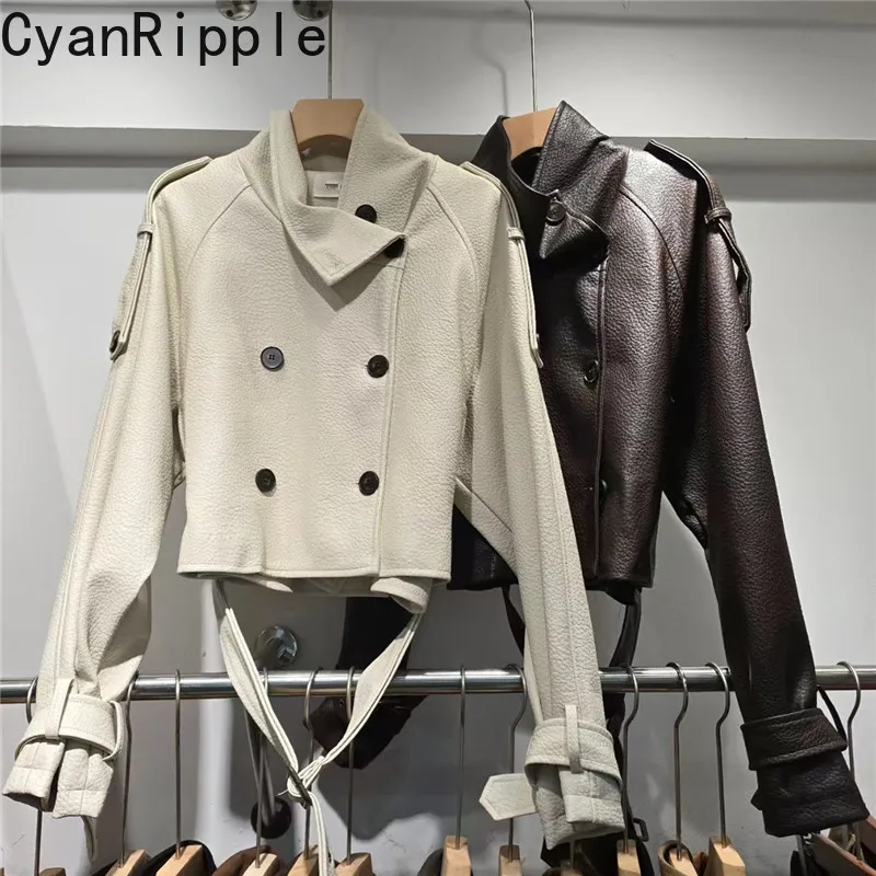 Vintage Spring Autumn Stand Collar Short Leather Jacket Double-breasted Locomotive Coat Full Sleeve Waist Belt PU Leather Coats