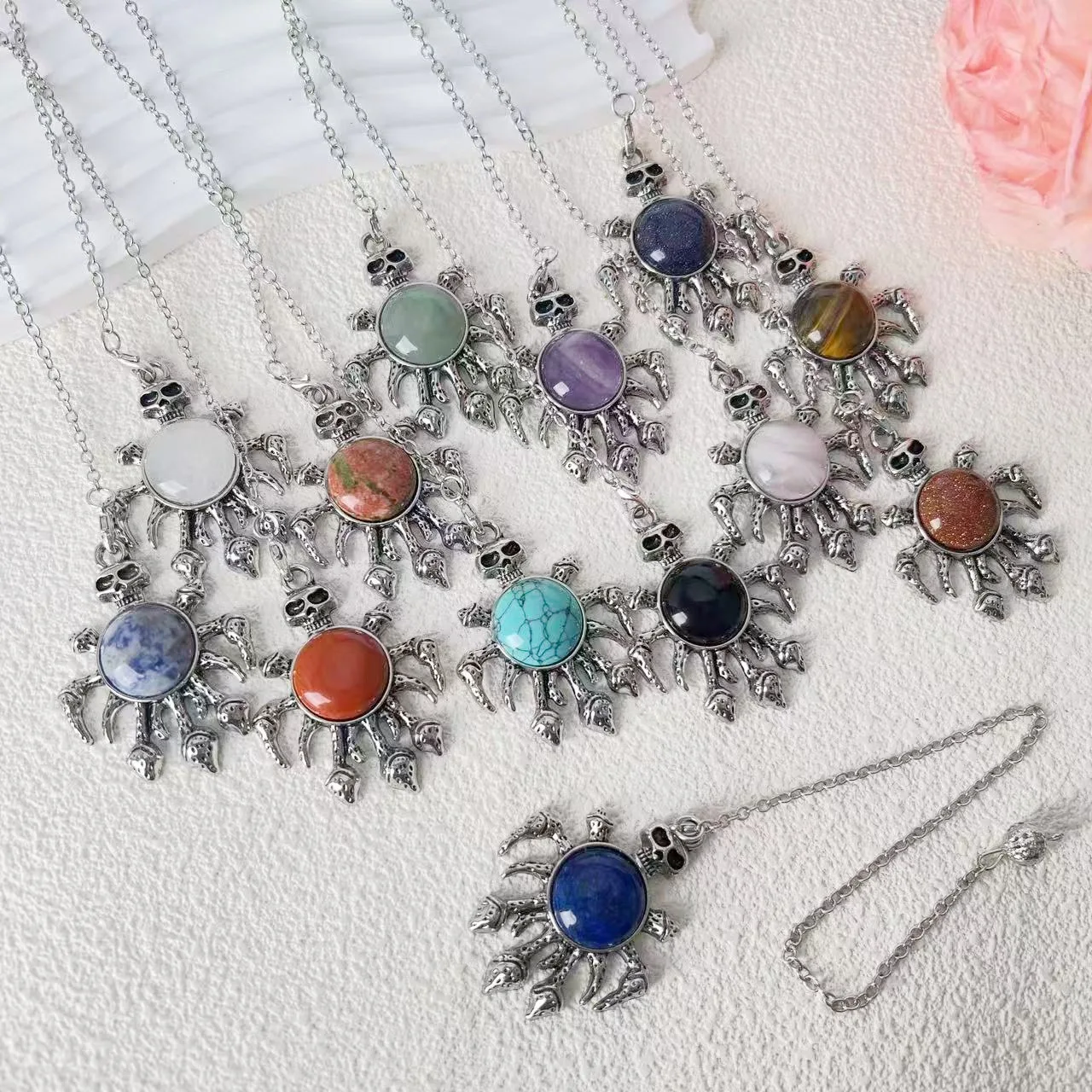 

Skull Claw Sun Natural Stone Pendants, Gothic Healing Crystal Necklaces for Men Women