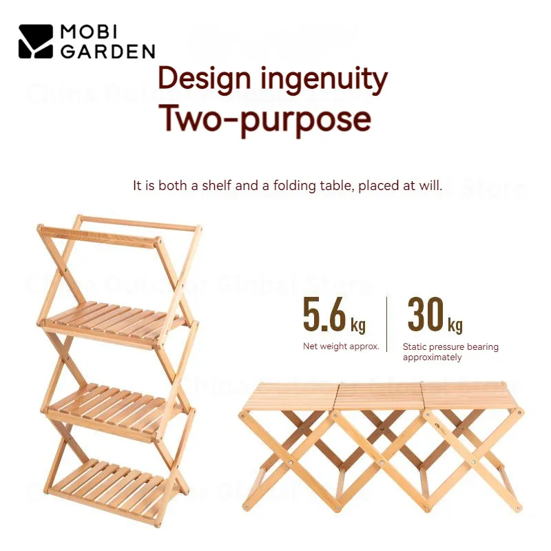 MOBI GARDEN Outdoor Multifunctional Table Shelf Camping Folding Multi-Layer Storage Rack Solid Wood Picnic Table Bearing 30kg