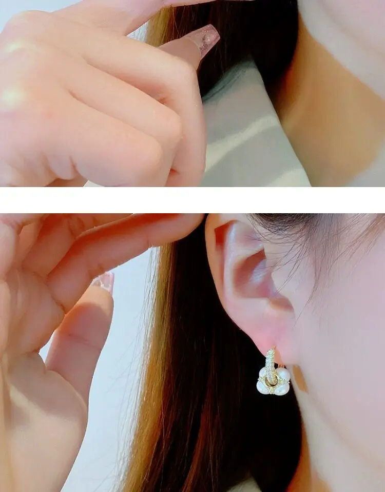 Neues Design, luxuriöser, mikropavébesetzter Zirkon-Ohrring mit Goldfarbenem Verschluss und künstlichem Perlenanhänger für Damen, vielseitiges Schmuck-Accessoire – Detail 4