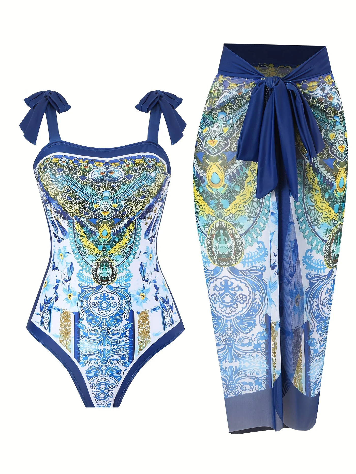 

Blue Ethnic-Style Printed One-Piece Swimsuit with Mesh Skirt Two-Piece Set, Sexy Beach Vacation Outfit