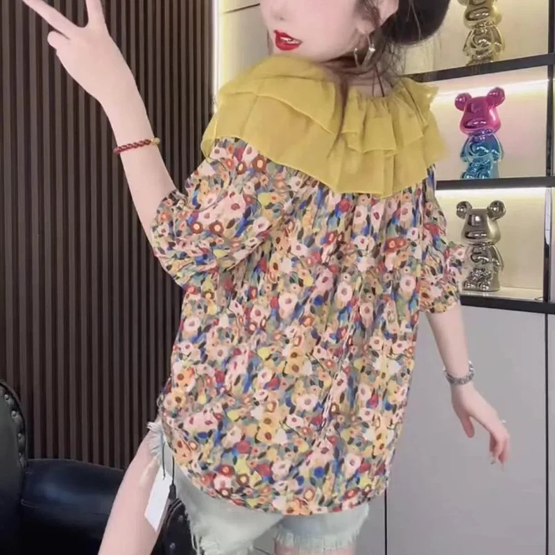 2024 New Ruffles Sweet Sexy Floral Shirt French Contrasting Colors One Shoulder Off Shoulder Women Unique Short Sleeve T-shirt