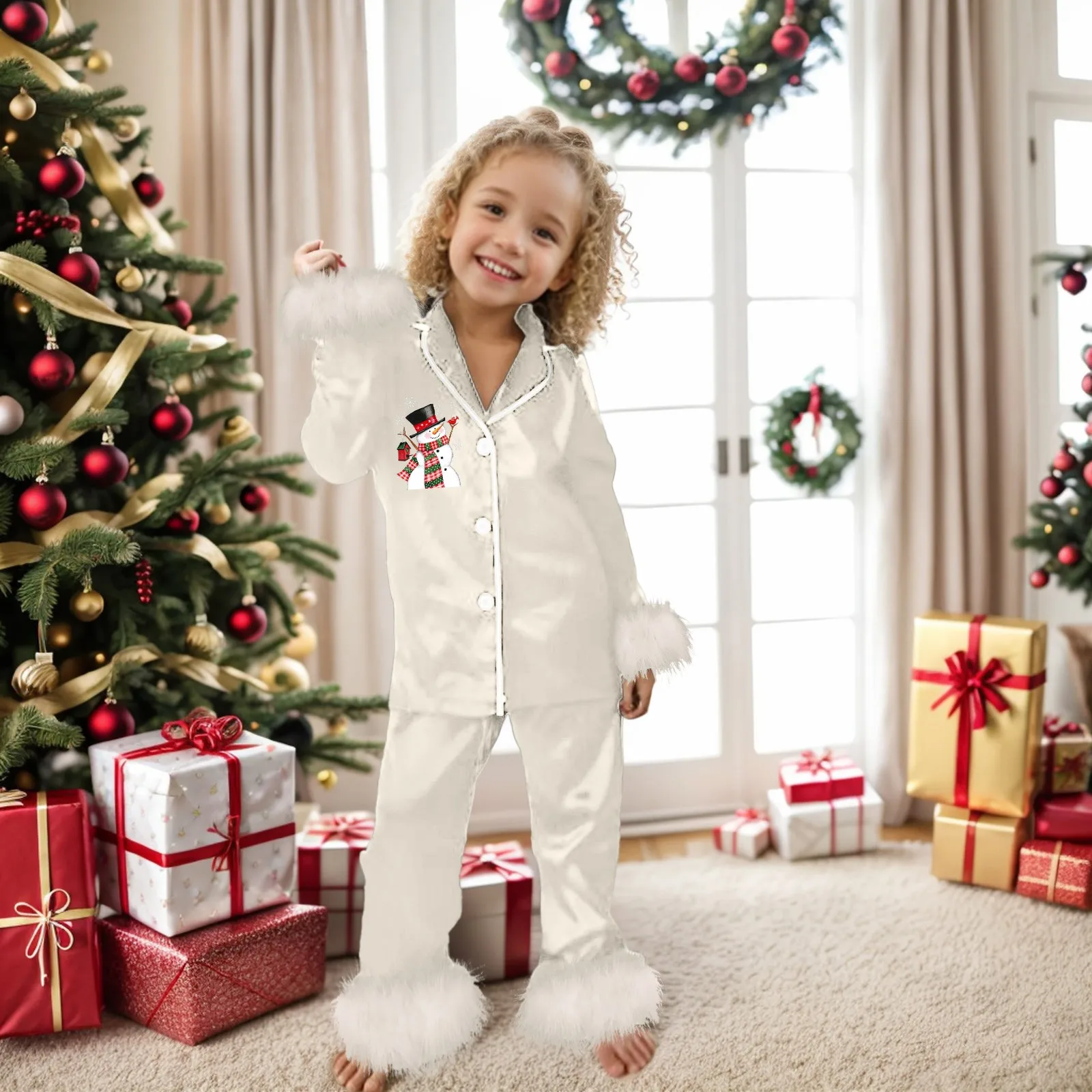 

Winter Kids Christmas Print Pajamas Sets Children's Satin Silk Pyjamas Christmas Pjs for Girls Boys Homewear Sleepwear Nightwear