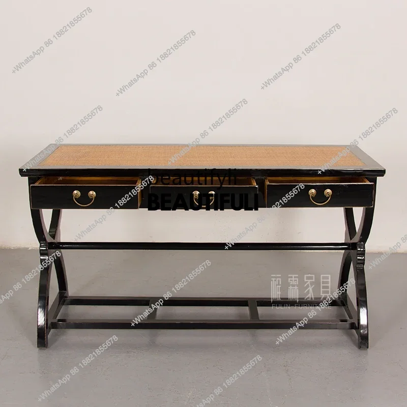 ss8350 Old elm rectangular solid wood computer desk retro with drawers crossed legs writing desk antique