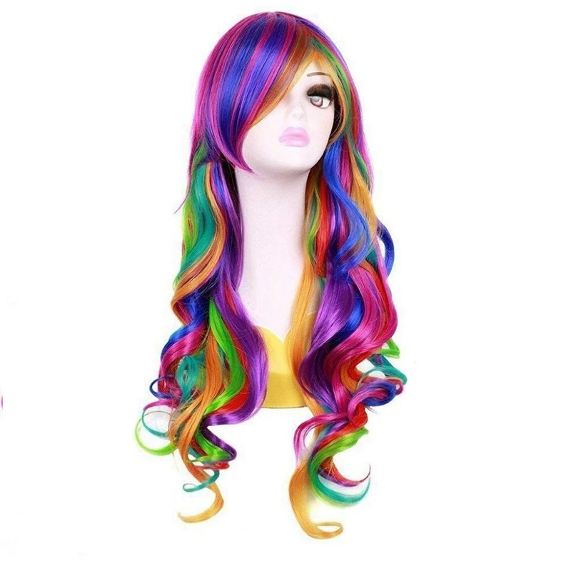 Lady Rainbow Long Curly Wigs Fashion Cosplay Costume Hair Anime Full Wavy Party Wig 70cm