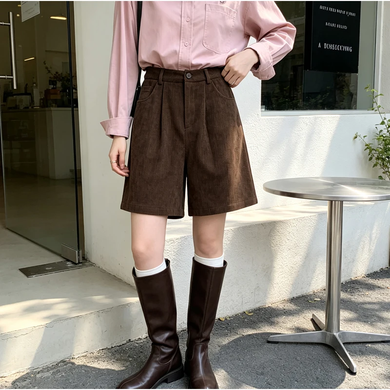 Autumn Winter Women Corduroy Short Pants with Pocket Loose Casual Asymmetrical Wide Leg Shorts Female Bermuda Shorts 2026 New