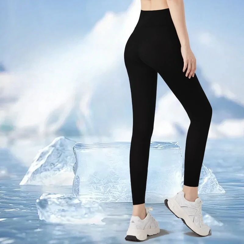 Women Ultra-thin Ice Silk Leggings Sun Protection Tights Elastic Waist Yoga Fitness Breathable Quick Drying Nine-pant Clothes