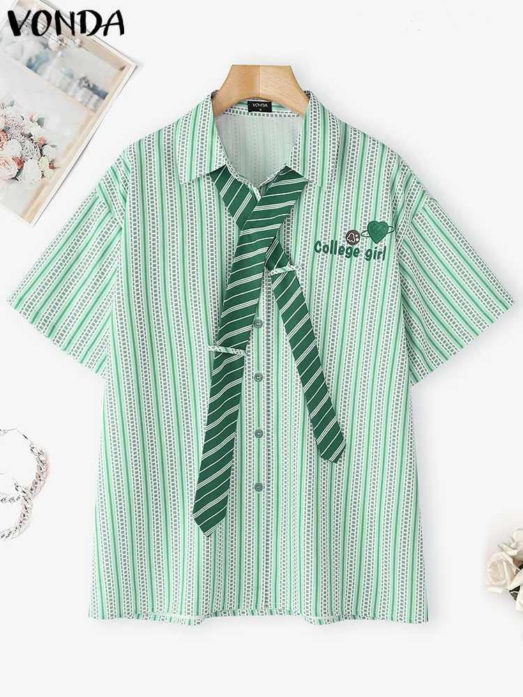 VONDA Summer Stripe Shirt Fashion Tie Turn-down Collar Tops Women Shirts Short Sleeve Blusas Party Streetwear Tunic Oversize