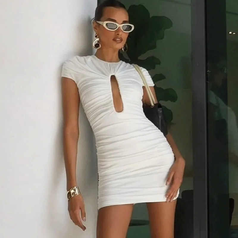 

Ticketsx Summer Ruched Hollow Out Dress Women's Elegant Solid Patchwork Backless Slim Mini Dress Fashion Party Club Y2k Dresses