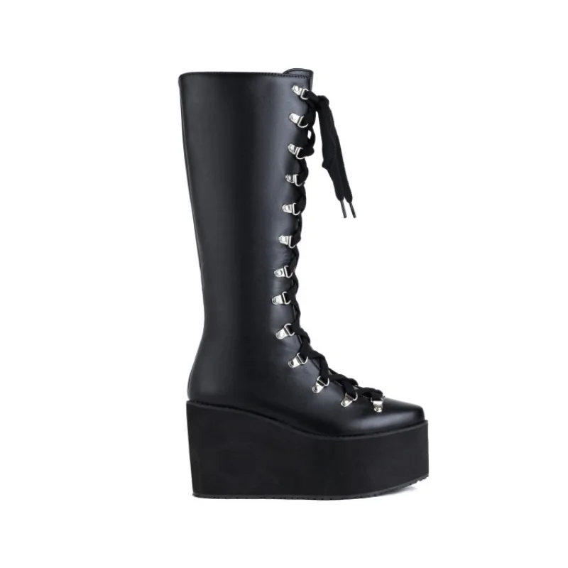 Patent Leather Ladies\' platform BOOTS Winter boots Square toes Lace-up Wedge heel boots esque platform Knee-high Boots