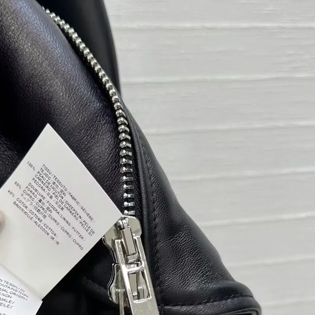 Luxury 100% Sheepskin Super Cool Cropped Motorcycle Leather Jacket Women Lapel Zipper Pockets Long Sleeve Short Streetwear Coat