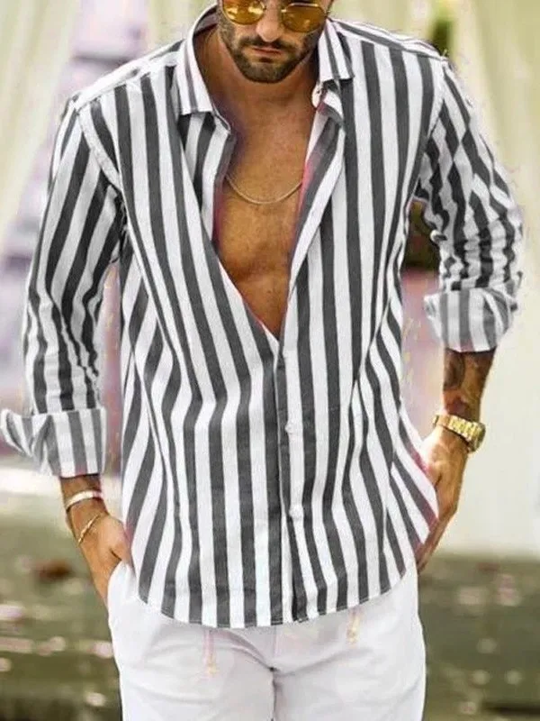 

Spring New Men's Printed Stripe Casual Large Size Long Sleeve Shirt Button down Male Model Male Clothing Collar Regular Fit