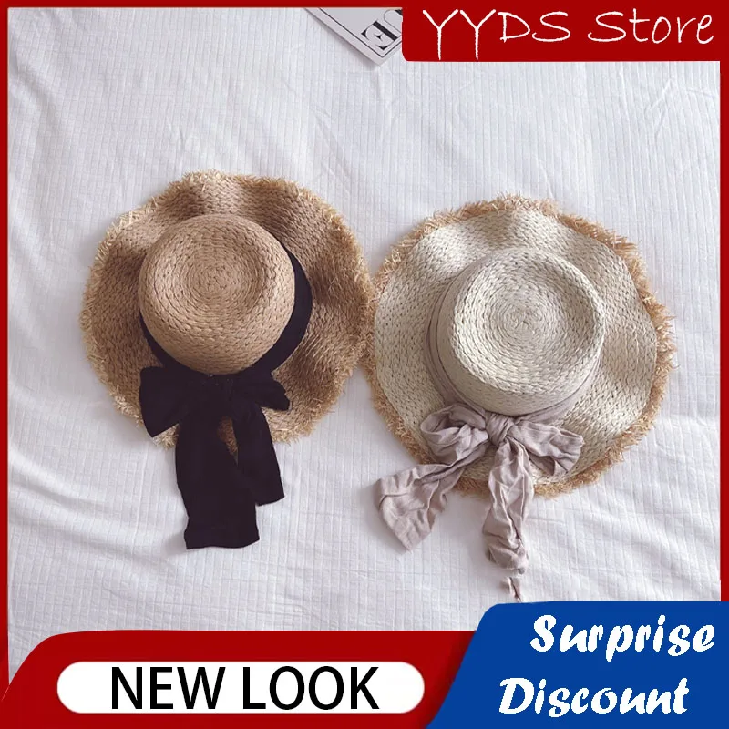 

Children's Sunshade Straw Hat Pleated Bow Wavy Raw Edge Flat Top Big Brim Sun Protection Hat Panama Beach Straw Sun Hat