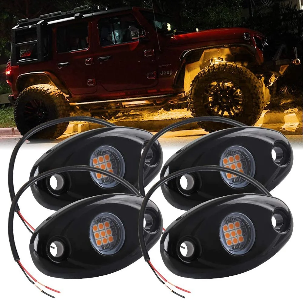 4Pcs 9LED Super Bright Rock Light Kit LED Waterproof LED Neon Underglow Light for Off Road Truck Boat Yellow