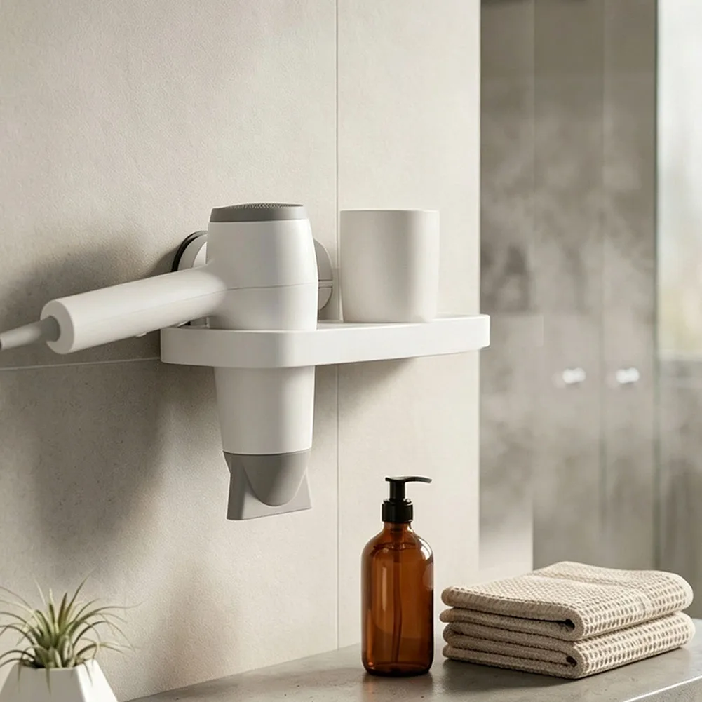 Wall Mounted Hair Dryer Rack Combined with Toothbrush Cup Storage for Efficient Bathroom Counter Space Management