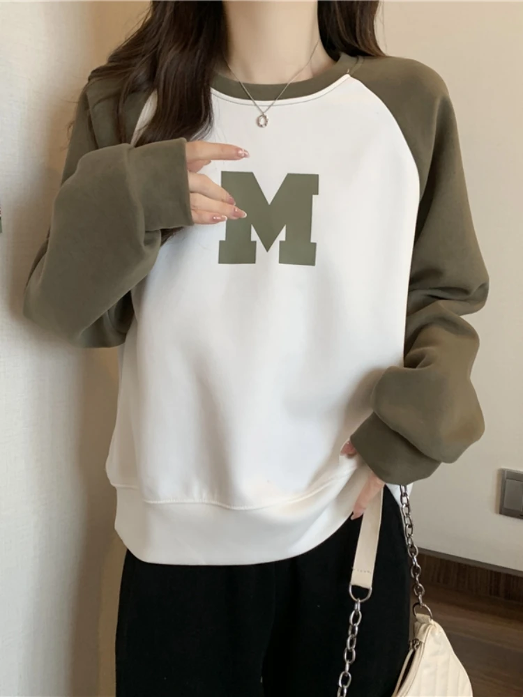 Loose Women's Letter Sweatshirt Spring Autumn plus Size Base Layer Shirt Conceal Belly Fat Loose Shoulder Upper Apparel