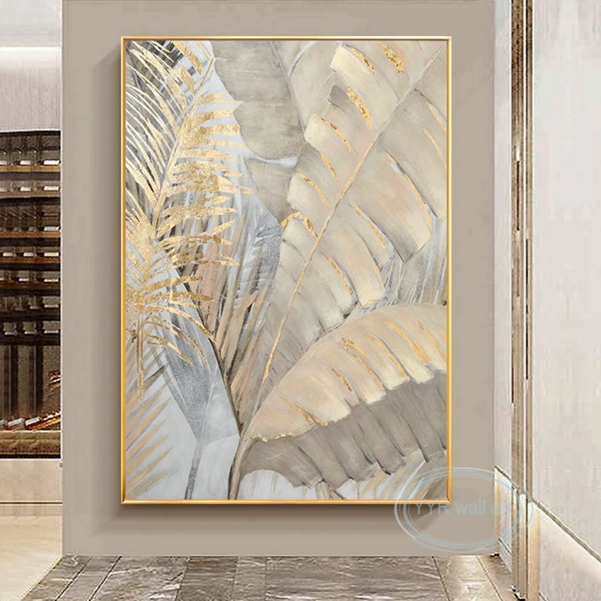 100% Handmade Oil Painting Abstract Gold Foil Banana Leaf Wall Decoration Picture Modern Light Luxury Canvas Art Hanging Poster