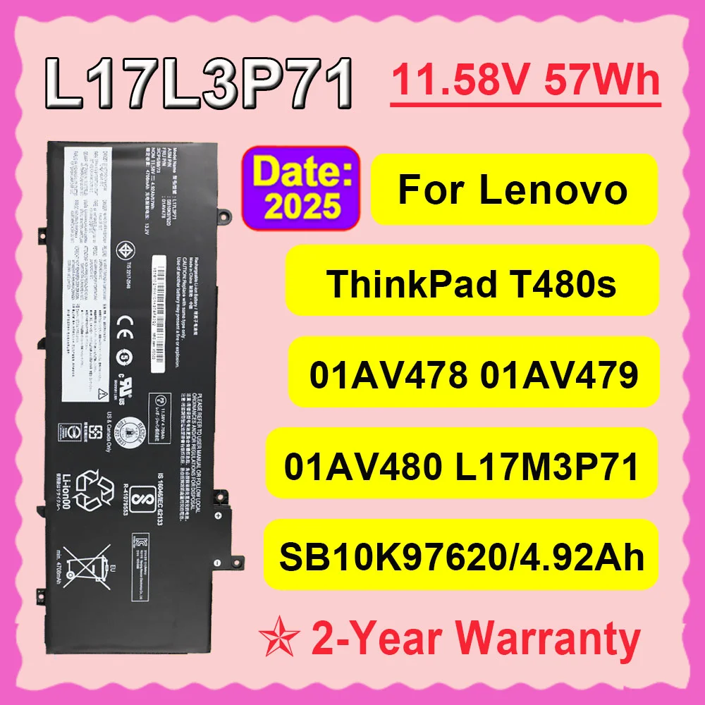 

Аккумулятор для ноутбуков Lenovo ThinkPad T480S Series L17L3P71 L17M3P71 01AV478 01AV479 01AV480 SB10K97620 SB10K97621, 11.58В 57Вт·ч
