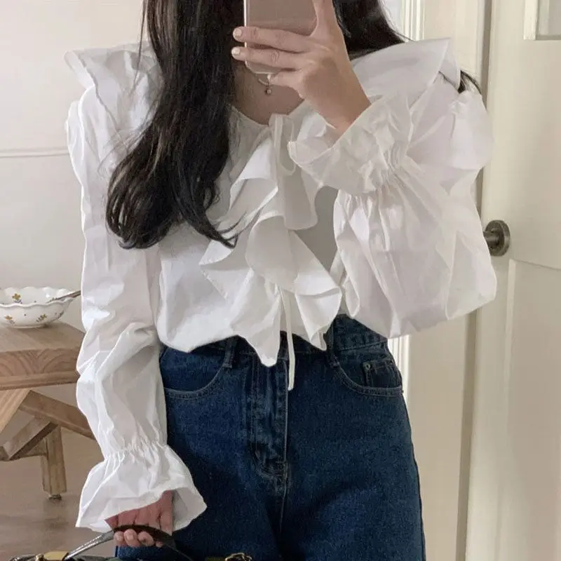 Vintage Ruffles Blouses for Women Puff Sleeve Korean Style Feminine Stylish Loose All-match Graceful Plaid Sweet Chic Leisure