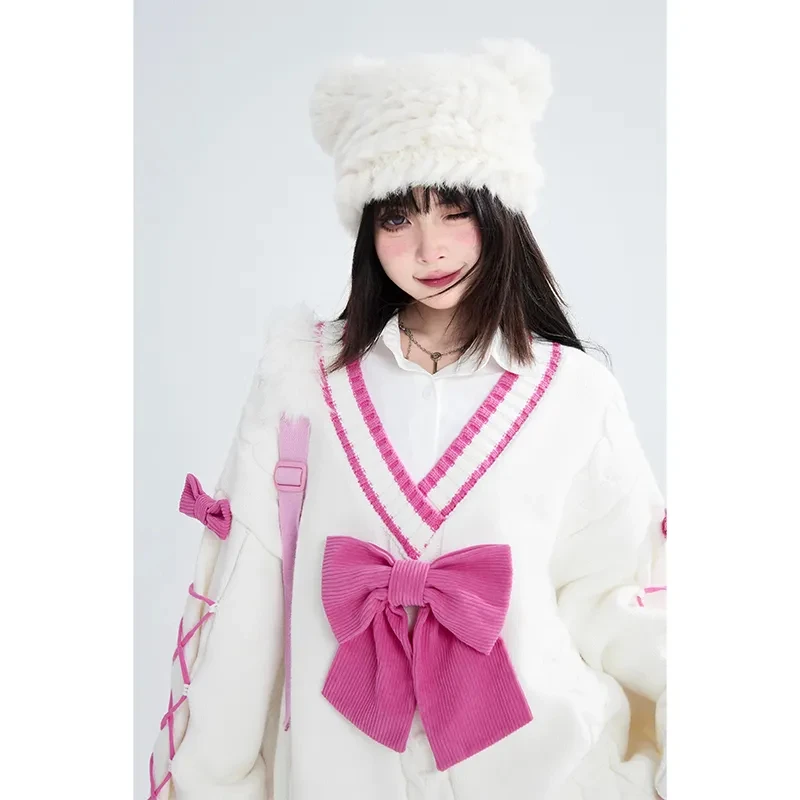 Cárdigans japoneses de punto estilo Lolita con agradable arco para mujer, cárdigans estéticos Y2k que combinan con todo, cuello en V, moda, vendaje, suéteres sueltos Jk, abrigos