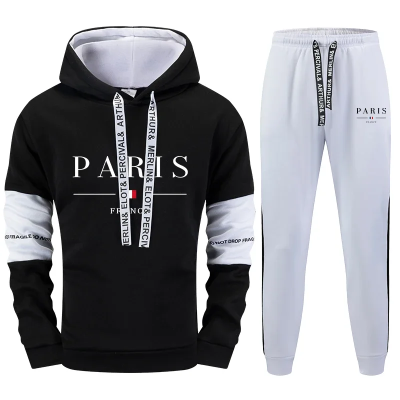 

2025 Autumn Mens Sweatshirt Paris Print Casual Black White Hoodied Jogging Sweatpants Versatile Top Pants Daily Street Tracksuit