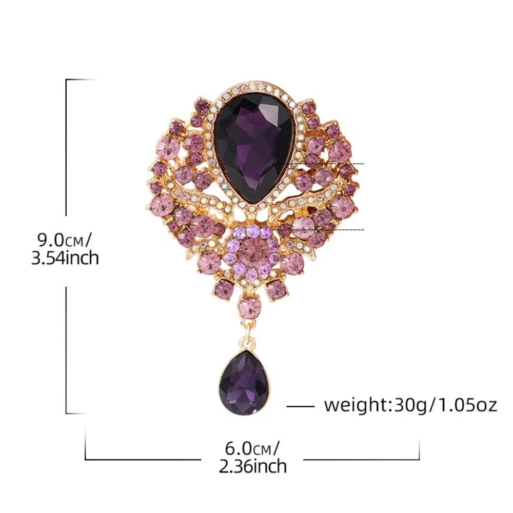Vintage Teardrop Crystal Pendant Brooch Multi-color Crown Lapel Pin Dangle Gem Badge Wedding Banquet Dress Decor Elegant Women
