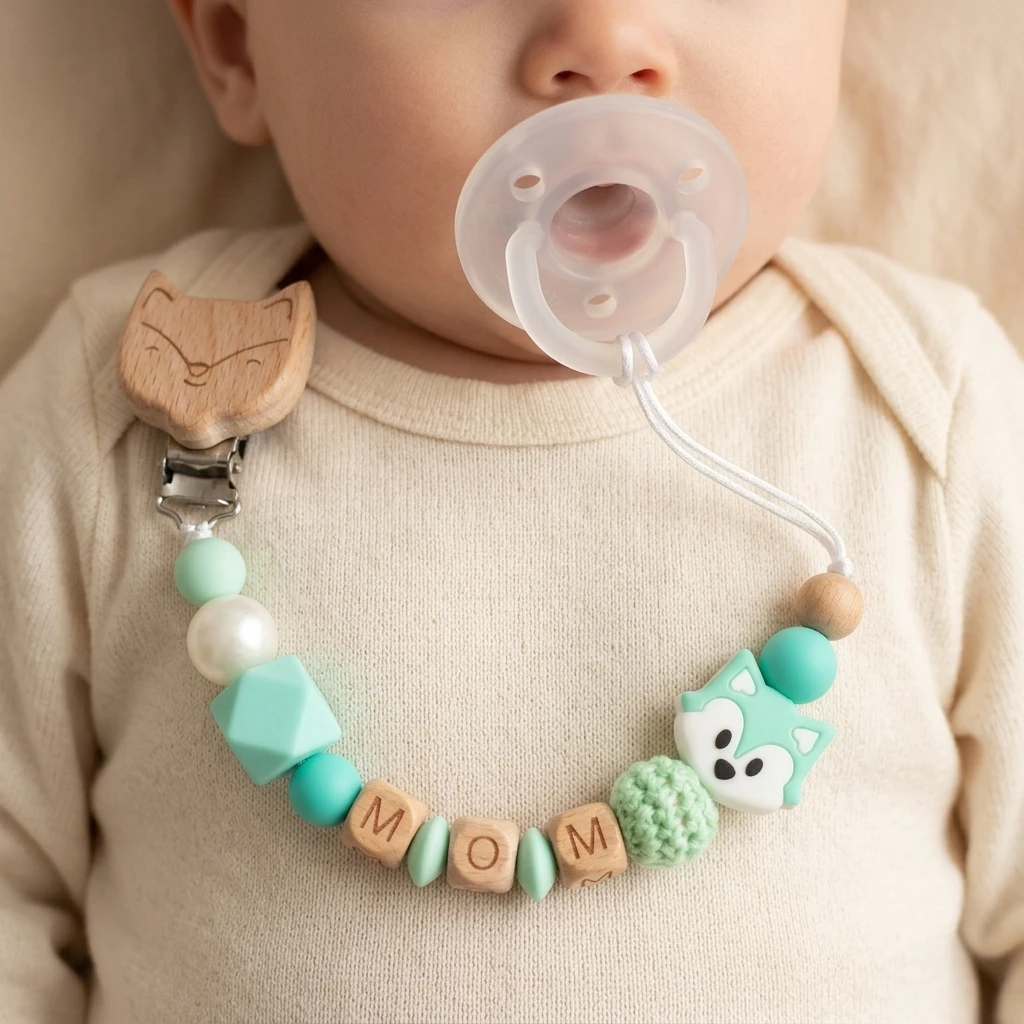 Baby Food Name - パーソナライズされた木製キツネおしゃぶりクリップ、カスタムネーム入りダミーチェーン、ミントシリコンビーズ、BPAフリー、手作りベビー歯固めホルダー