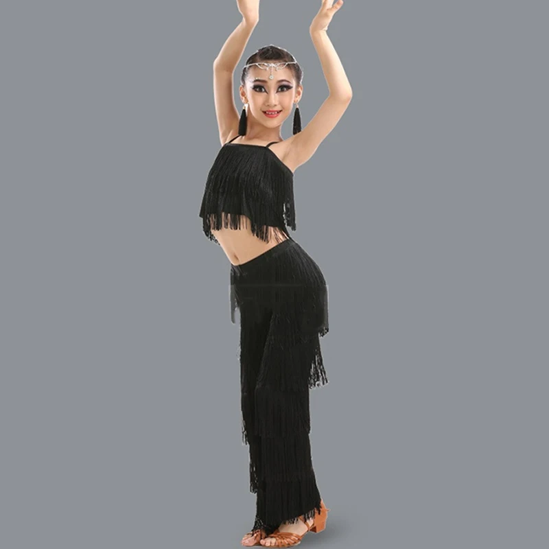 Kids Latin Dance Clothes Ballroom Fringe Tassel Dance Tops Pants Set Girls Samba Tango Dance Practice Stage Performance Costume