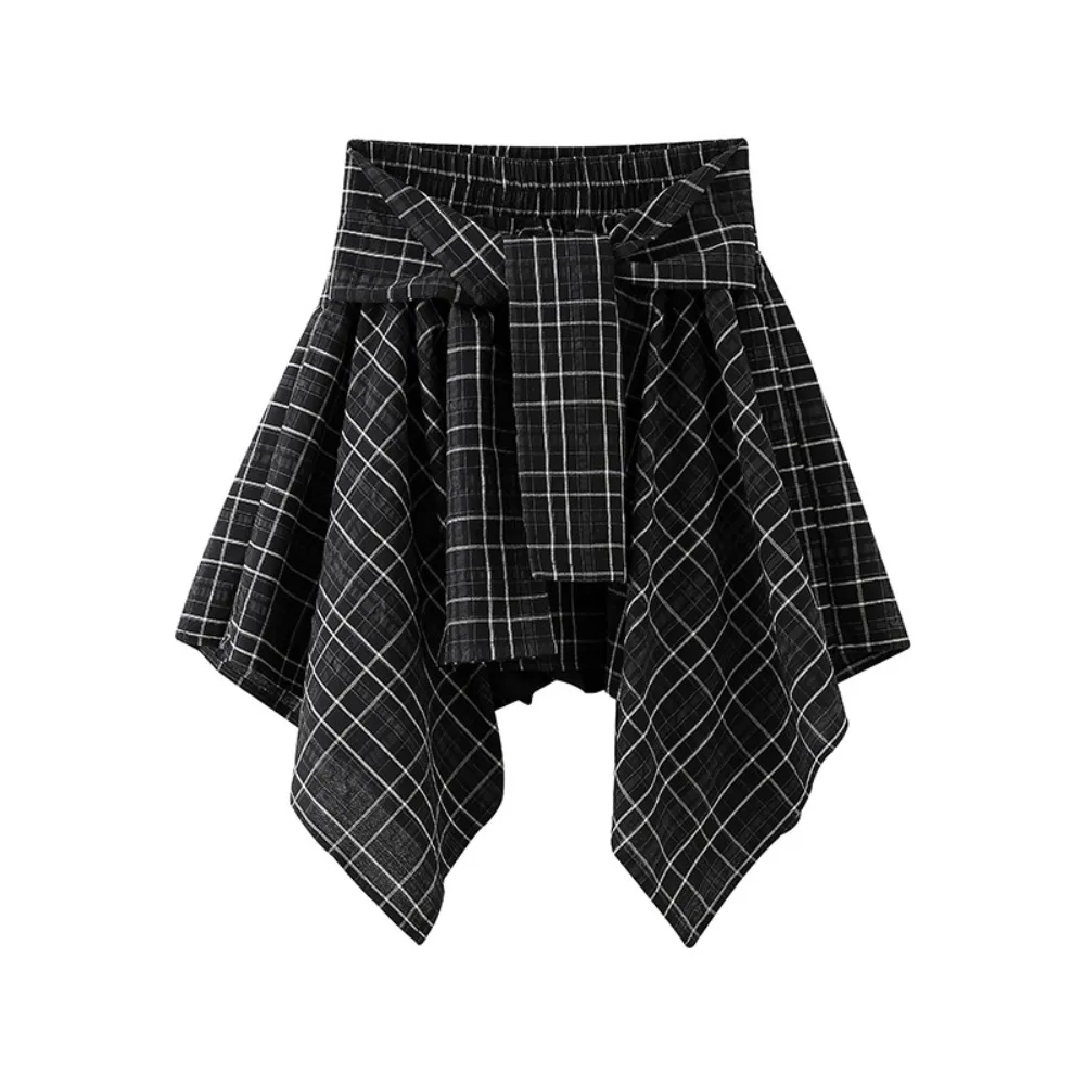 

Retro Irregular Plaid Shirts Skirt A-line High Waist Fake Two-piece Skirts Streetwear Lace-up Plaid Shorts Skirt Summer