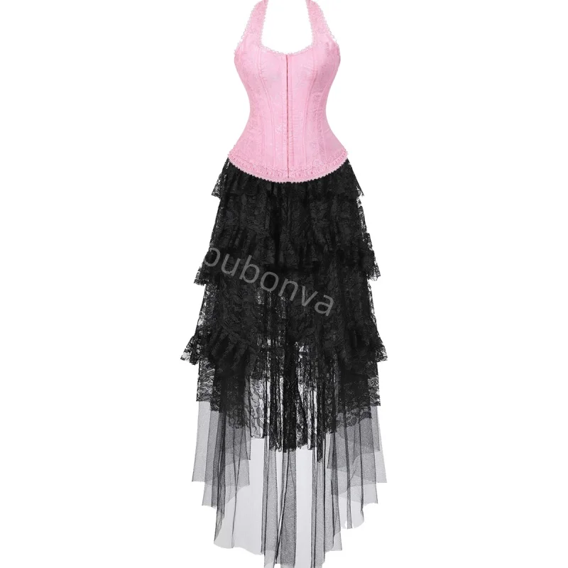 

Corset Dress Costume Skrits Set With Lace Bustier Costume Party Sexy Burlesque Ladies Outfit Plus Size Gothic Halloween pink