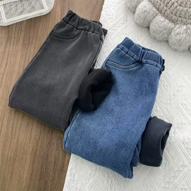 Children Warm Pants Velvet Winter Warm Pants Jeans for Girls Boys Fall Trousers Outerwear Clothes Teenagers Kids