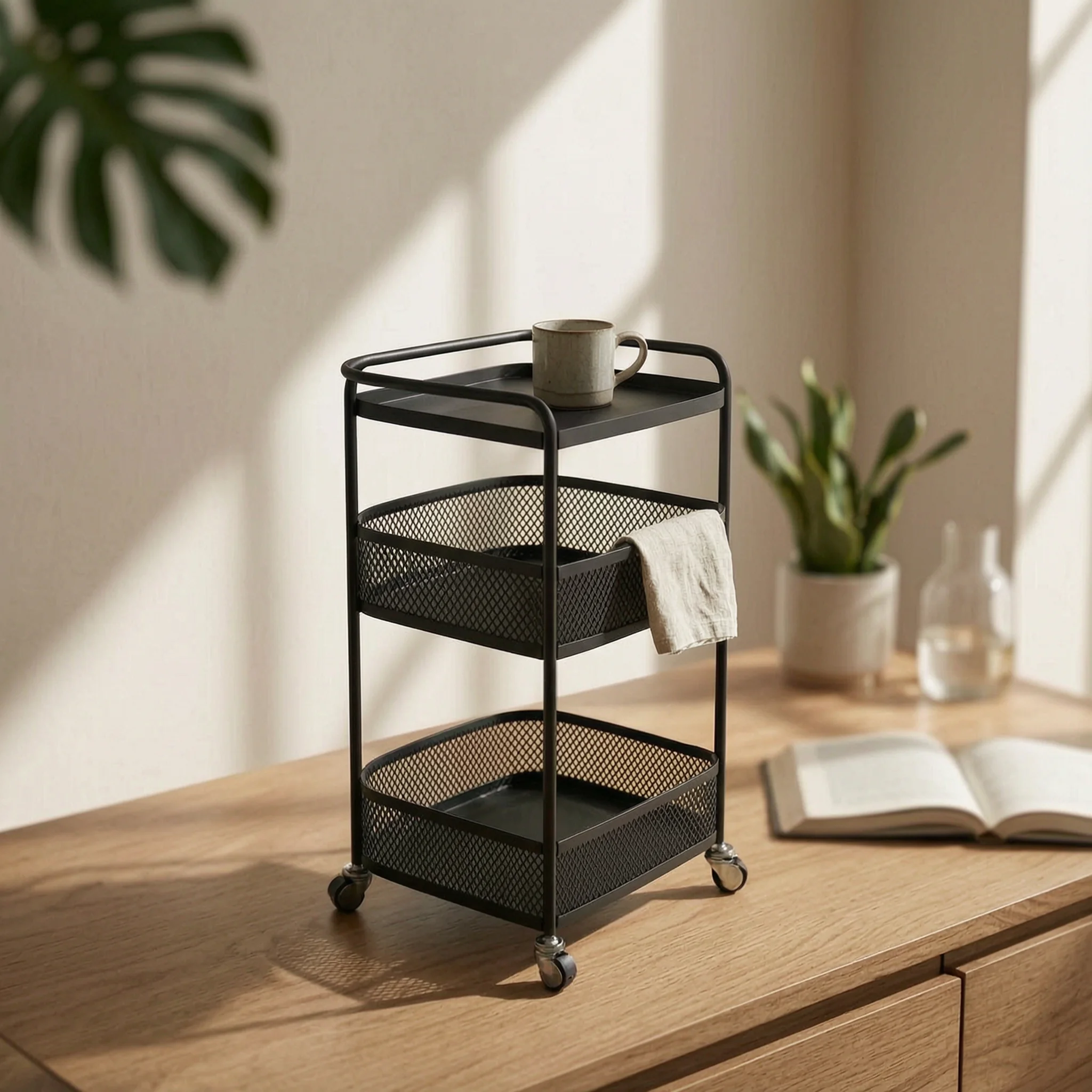 

Mini Mobile Accent Table with Wheels Bedside Storage Trolley 3-Tier Rolling Trolley Easy to Move Nightstand Trolley
