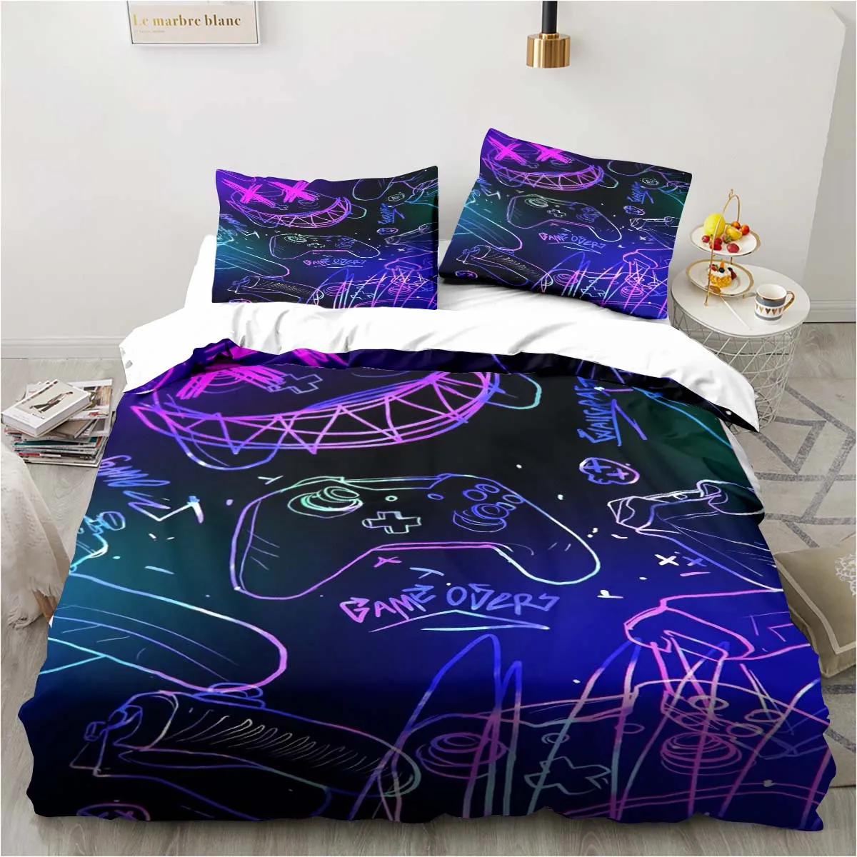 Gaming Duvet Cover Set Game Room Decor Boys Kids Teen Video Game Duvet Cover Single Bedding Set Let's Play Quilt Cover Bed Set