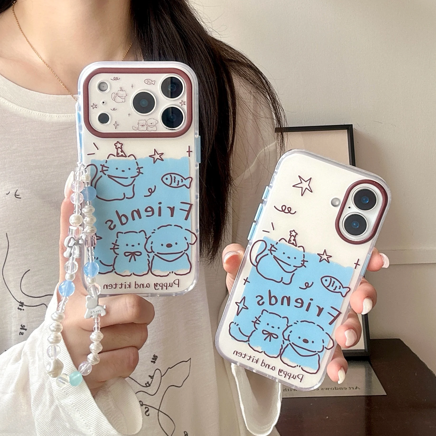 Cute Doodle Puppy Kitten Friends Phone Case For iPhone 15 16 17 Pro Max Blue Shockproof Protective Cover For Girls