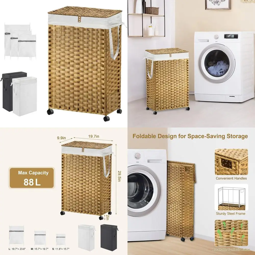 سلة غسيل رفيعة سعة 23.3 جالون مع غطاء، سلة ضيقة طويلة على عجلات، 2 بطانة قابلة للإزالة و3 أكياس شبكية للغسيل