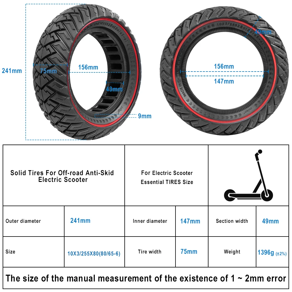 Electric Scooter 10*3/255*80(80/65-6)Off-road Tubeless Solid Tire Explosion-proof for KUGOO M4 Pro/VSETT10+/Zero 10X/Kaabo Parts