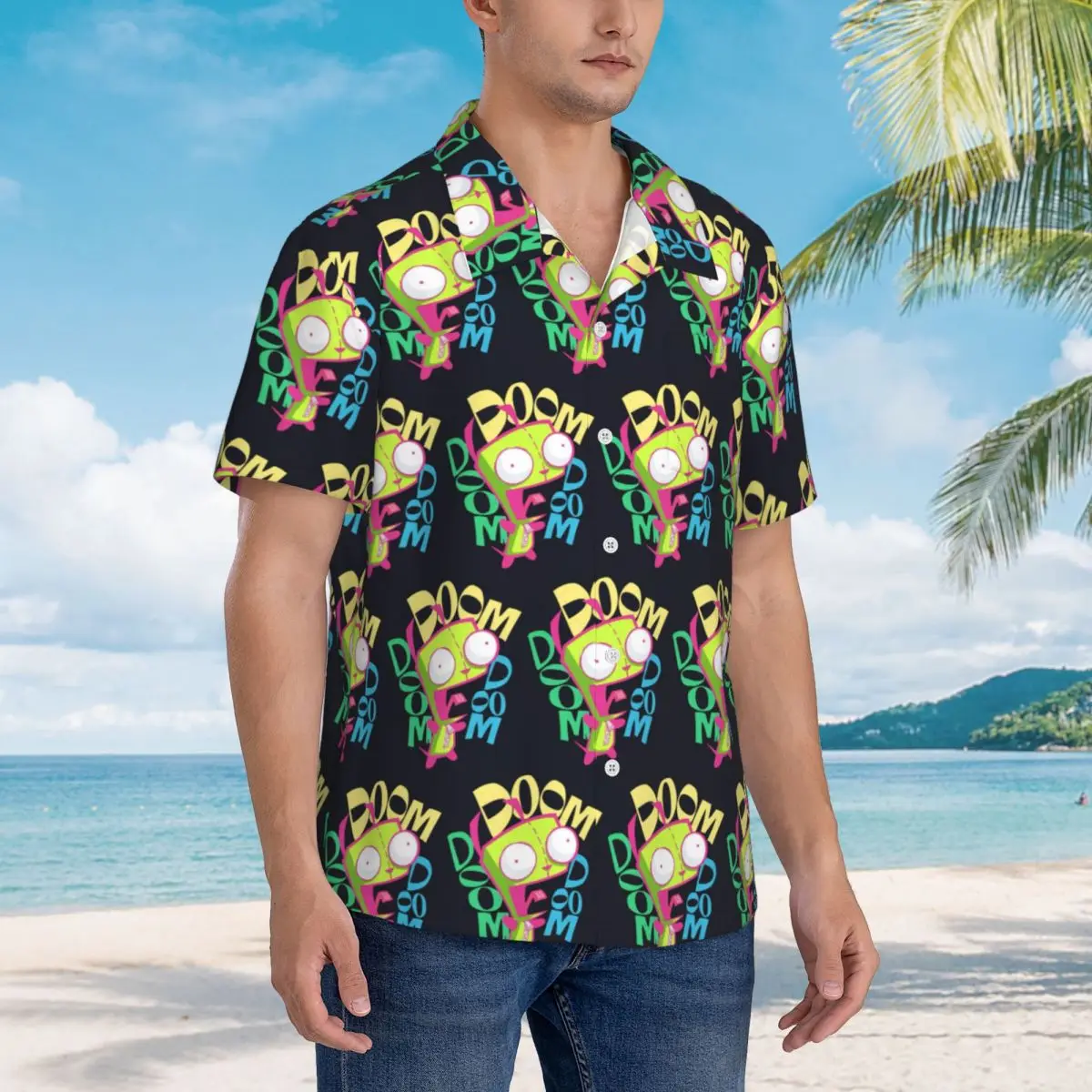 

Invaders Zims Anime Cartoon Alien Hawaiian Shirts Funny Men Short Sleeve Shirt for Summer Beach Men's Lapel Tops