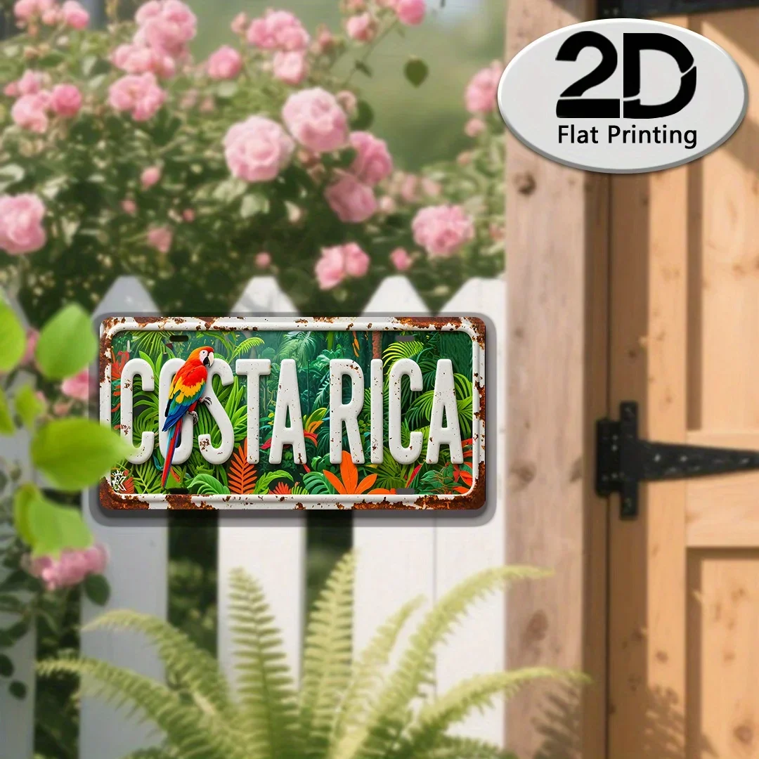 Vintage Central American Nature Wall Art Aluminum Tin Sign, 2D Flat License Plate Design, Costa Rica Rainforest Parrot Pattern