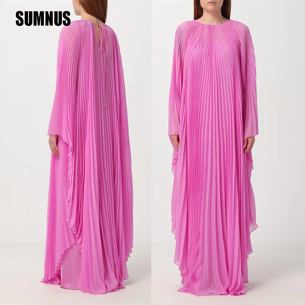 

SUMNUS Pink Chiffon Pretty Beach Party Dress Full Sleeves O Neck Formal Night Event Gowns Evening Dresses Vestidos De Festa