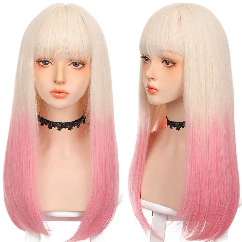 2025, trendige, pastellrosa Ombre-Perücke, lang, gerade |   Pfirsichblondes Haarteil mit voller Kappe und stumpfem Pony für modische Teenager-Mädchen
