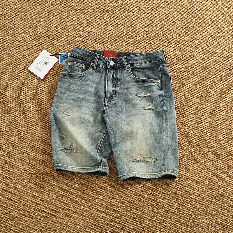 ฤดูร้อนสีฟ้าอ่อนคิดถึงล้างกางเกงขาสั้นผ้ายีนส์ผู้ชายใหม่ผ้าฝ้ายยืดกางเกงยีนส์สบายๆอินเทรนด์แบรนด์หลอดตรงกางเกงขาสั้นย้อนยุค