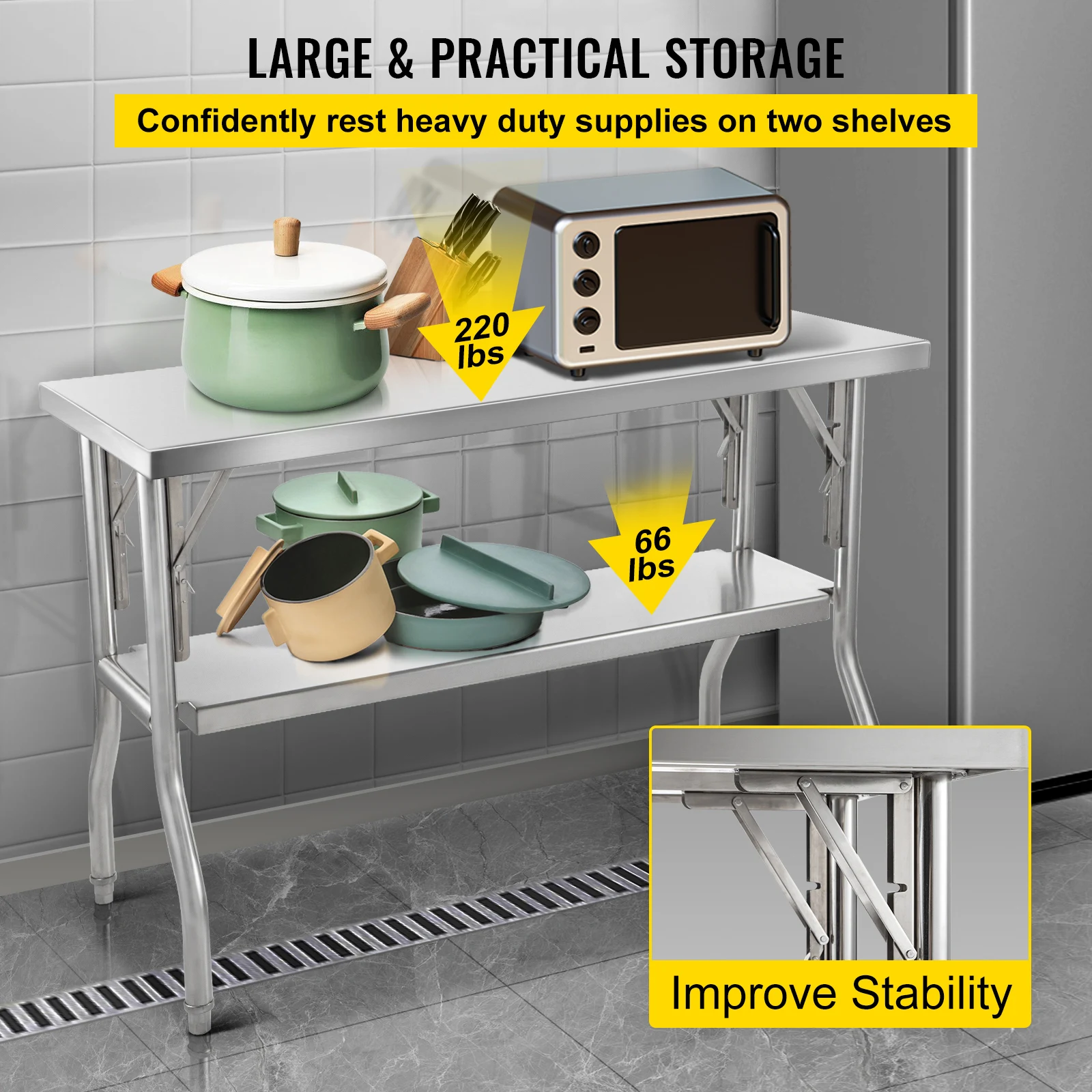 SucceBuy Folding Commercial Prep Table Commercial Worktable Workstation with Undershelf Folding Table for Home Kitchen